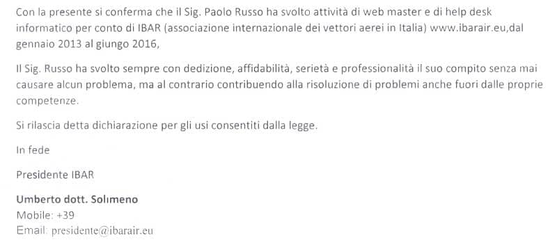 2016-07-15 lettera di referenze IBAR per Russo Paolo